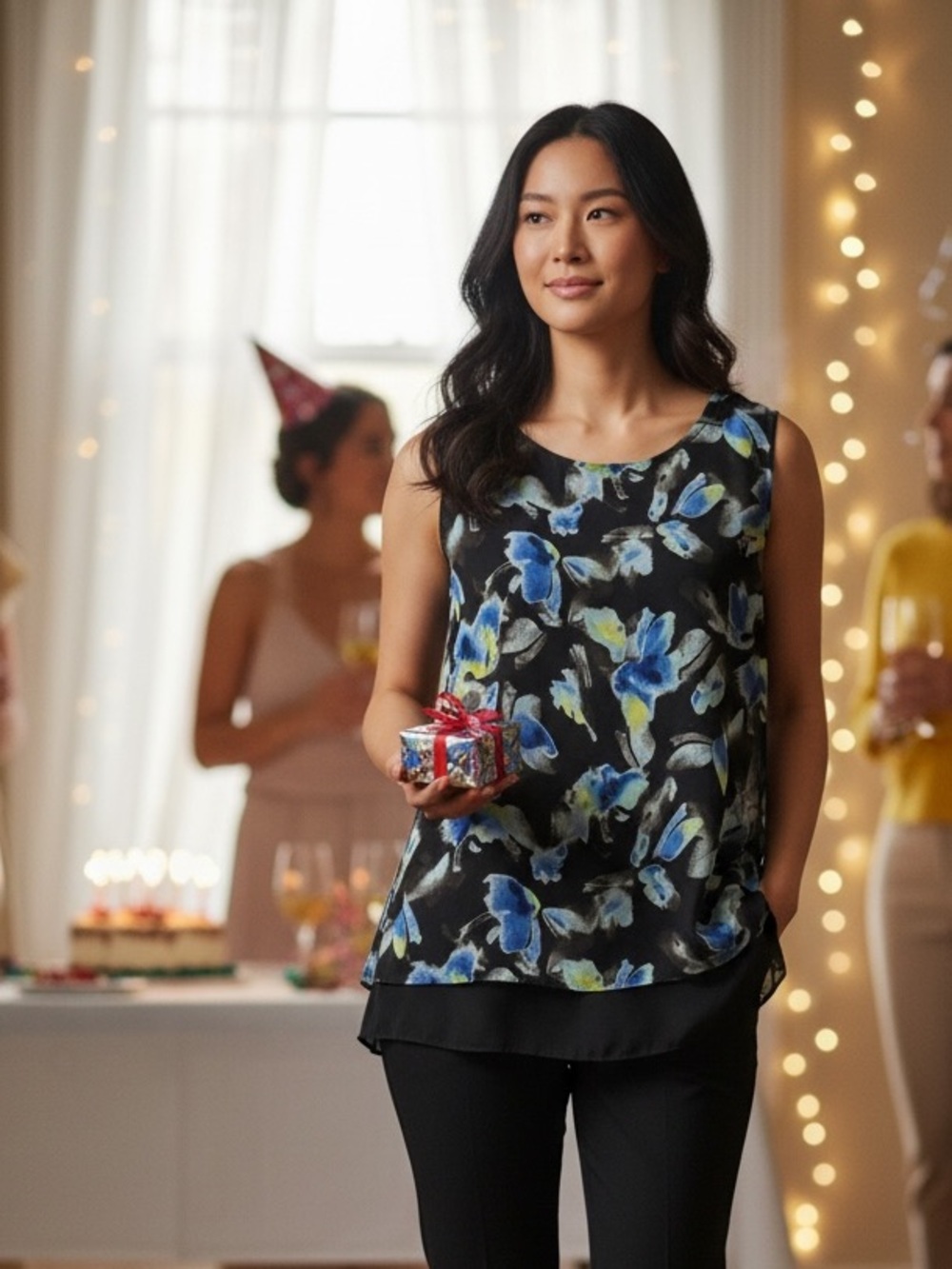 Apt. 9 Women's Sleeveless Floral Top - Black, Blue, and Yellow